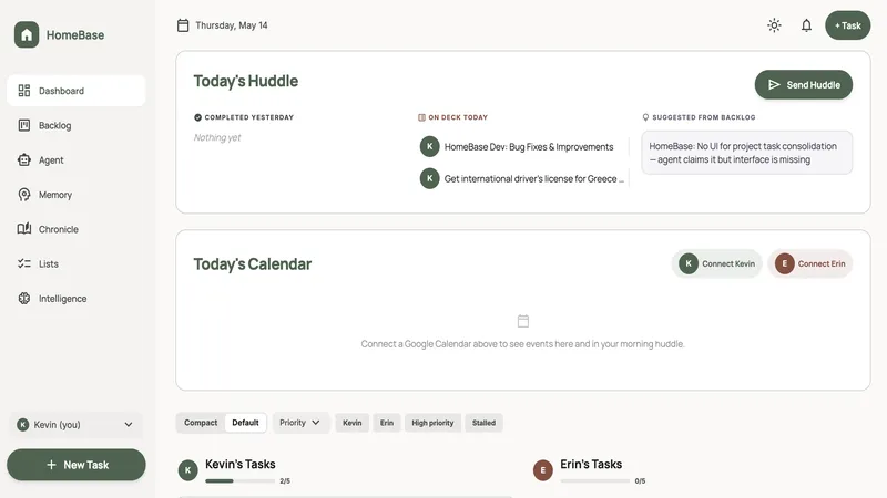 HomeBase app — family task board and AI agent dashboard