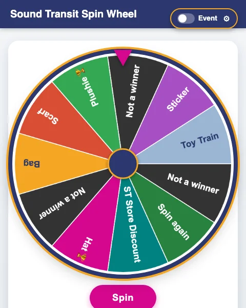 Sound Transit Spin Wheel — prize wheel with a spin button